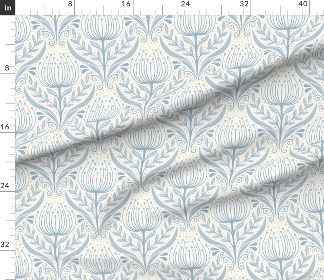 Floral Blue Damask Scandi Folk Flower Botanical Vine Calm Serene Vintage Art Custom Printed Fabric by Spoonflower Various Fabrics by the Yard or Fat Quarter